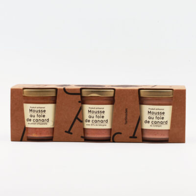 Coffret : mousse de canard au foie de canard au piment d'Espelette, mousse au foie de canard avec 30% de foie gras, mousse au foie de canard au Jurançon